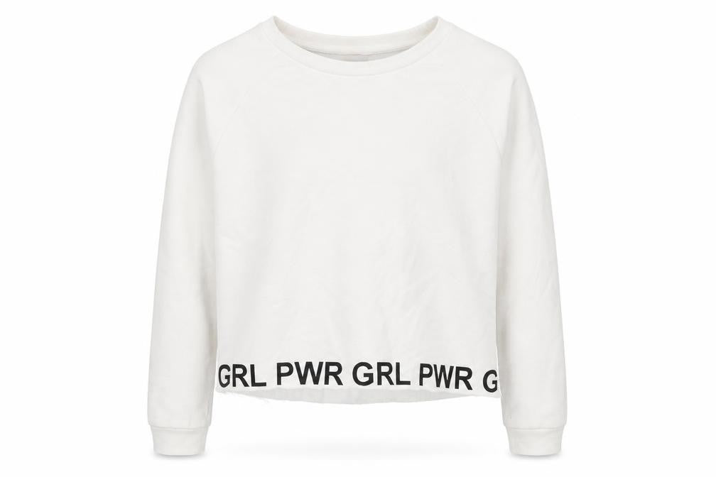 Front view of Primark girls’ white jersey pullover sweatshirt, size 13-14, years - girl power