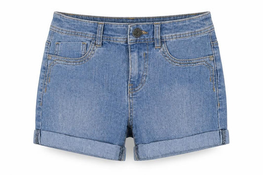 Front view of Heart and Soul women’s blue cut-off shorts, size UK 6