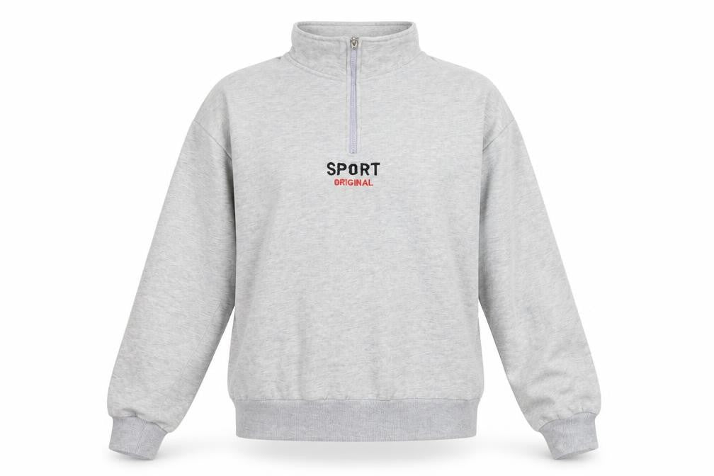 Front view of Fashion women’s grey henley sweatshirt, size L