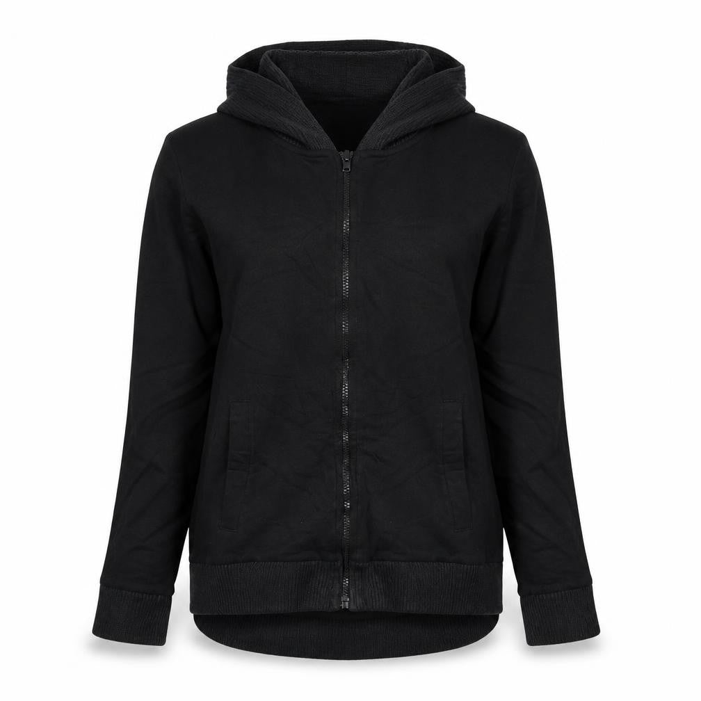 Front view of H&M women’s black full zip jumper, size M