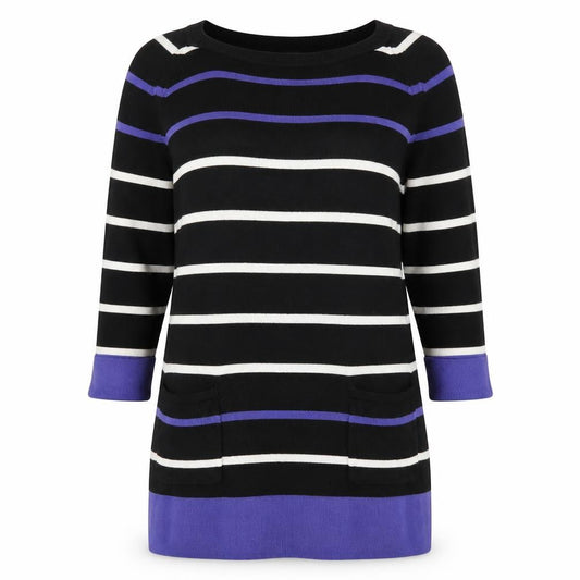 Front view of F&F women’s black striped jumper, size UK 14