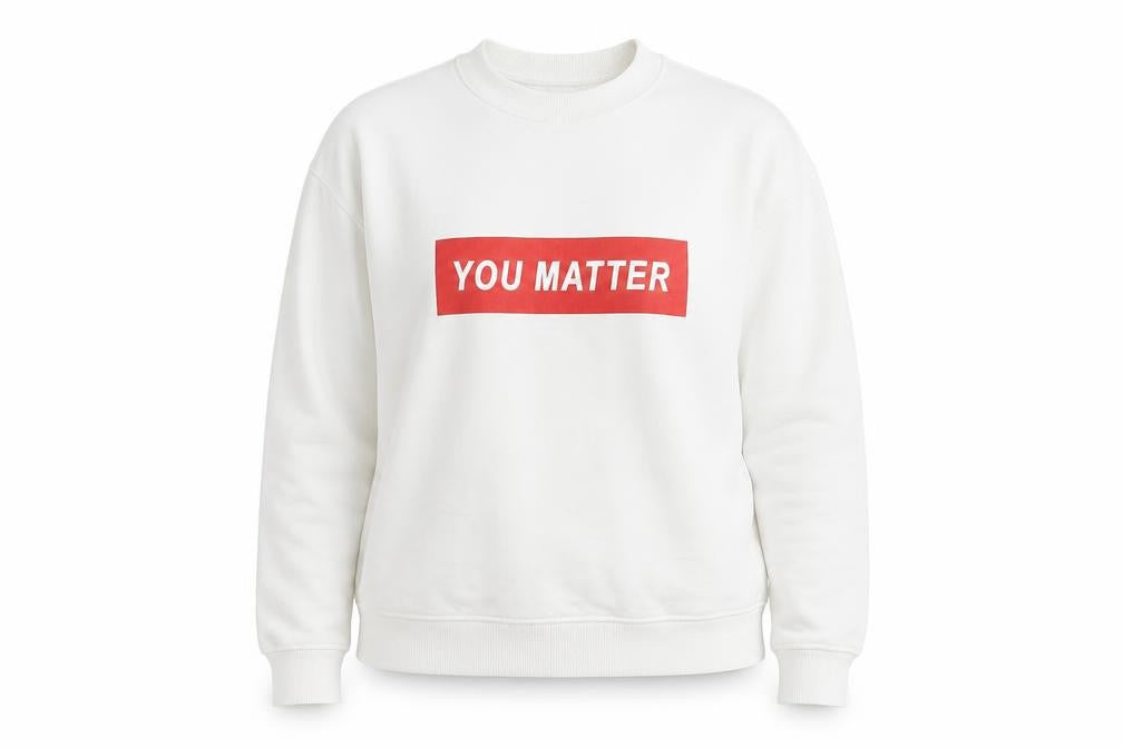 Front view of H&M women’s white jersey pullover sweatshirt, size M, - you matter