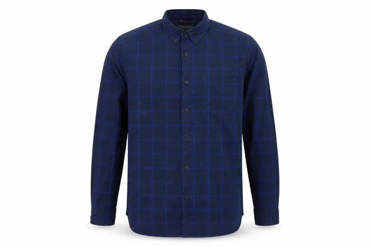 Front view of H&M men’s blue check button-up, size S