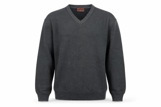 Front view of Marks & Spencer men’s grey striped knit jumper, size M