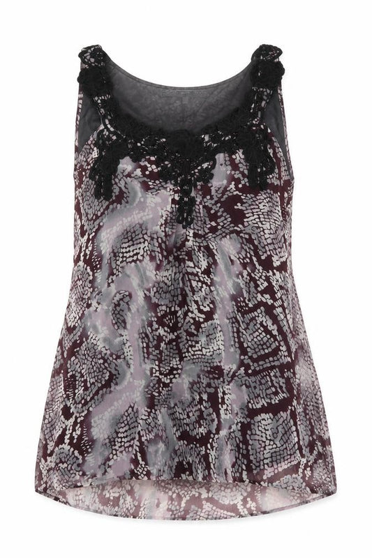 Front view of Next women’s purple geometric camisole blouse, size UK 12