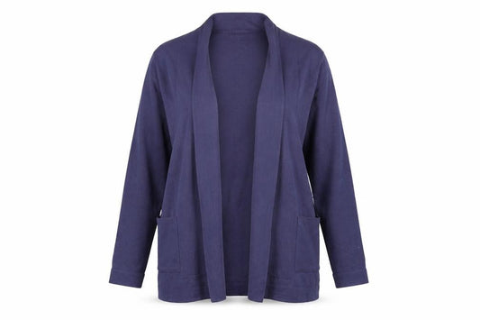 Front view of Country Collection women’s purple cardigan jumper, size M