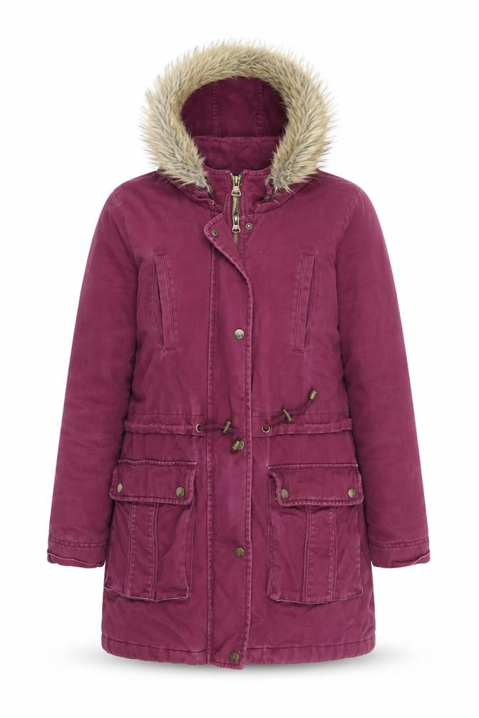 Front view of Marks & Spencer women’s purple parka coat, size UK 8