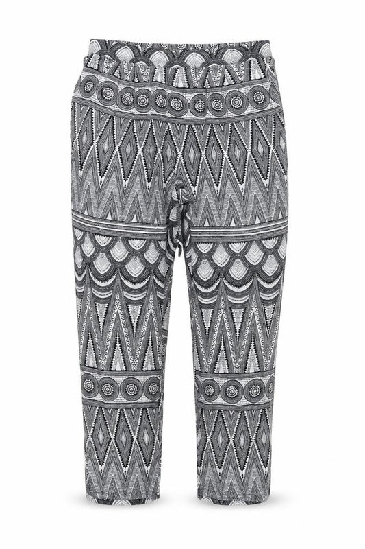 Front view of H&M women’s blue geometric trousers, size UK 36, in, 27-inch leg