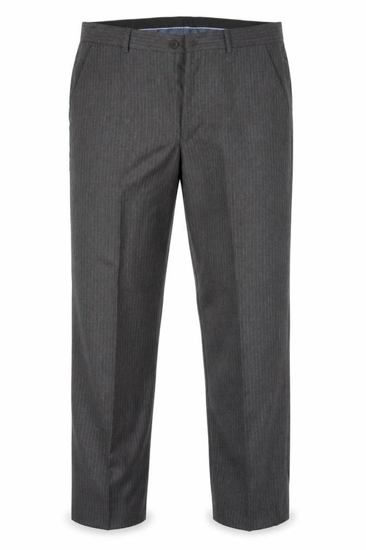 Front view of Preworn men’s grey striped trousers, size 32, in, 28-inch leg
