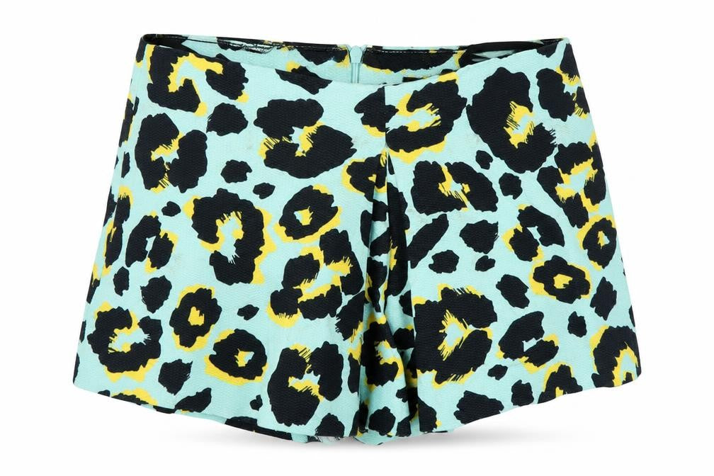 Front view of Atmosphere women’s blue animal print cut-off shorts, size UK 10