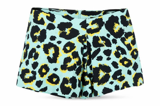 Front view of Atmosphere women’s blue animal print cut-off shorts, size UK 10