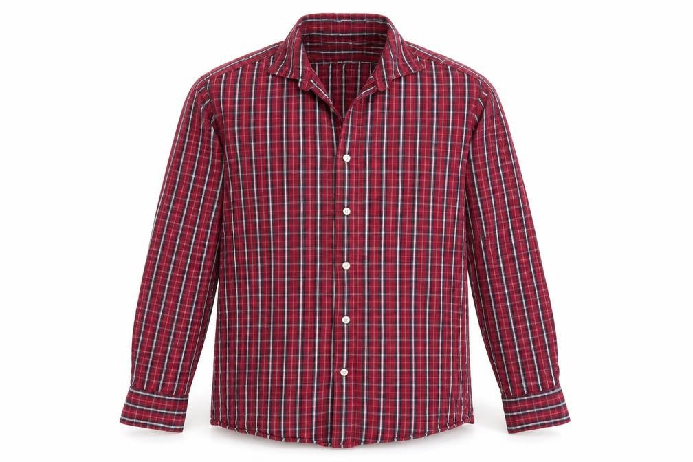 Front view of Easy Wear men’s red check button-up, size M