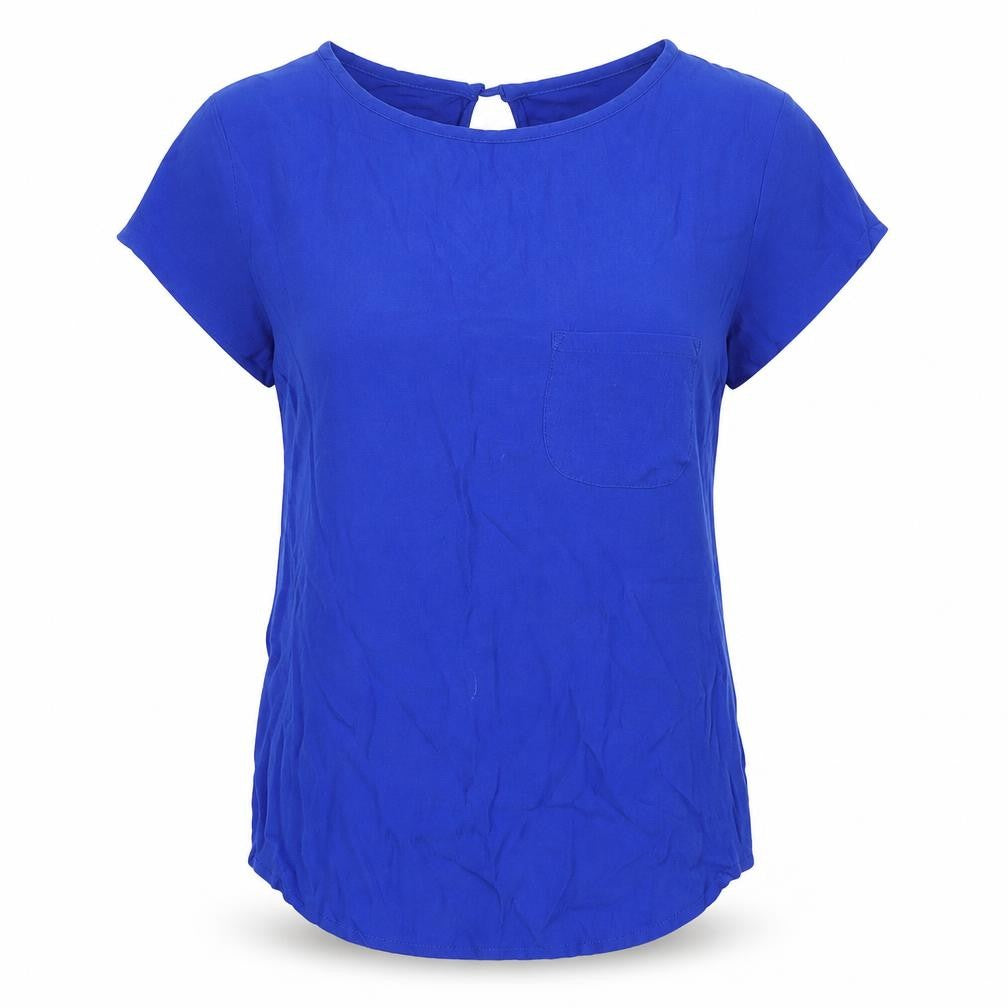 Front view of H&M women’s blue chiffon tunic t-shirt, size UK 6