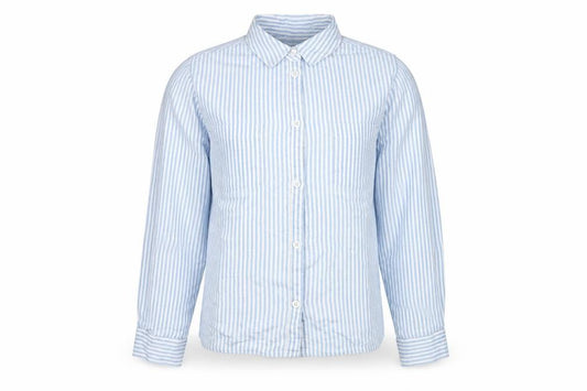 Front view of Only women’s blue striped basic button-up, size UK 6