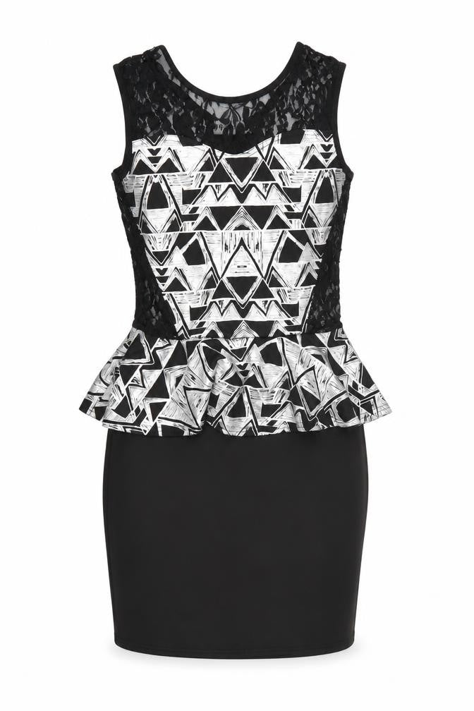 Progress Womens Black Geometric  Bodycon  Size M  - Frill Detail