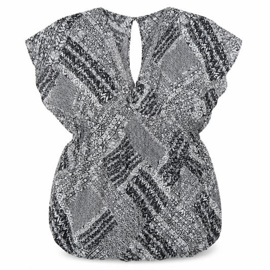 Front view of Papaya women’s black geometric kaftan, size S, - beach dress