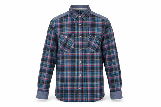 Front view of F&F men’s blue check button-up, size S
