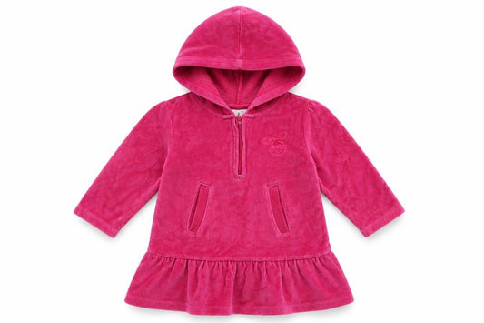 Front view of OKAY girls’ pink velour jumper dress, size 12, months