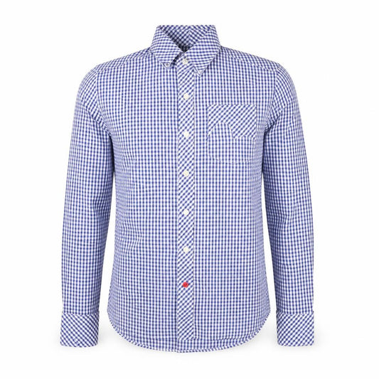 Front view of Preworn men’s blue check button-up, size S