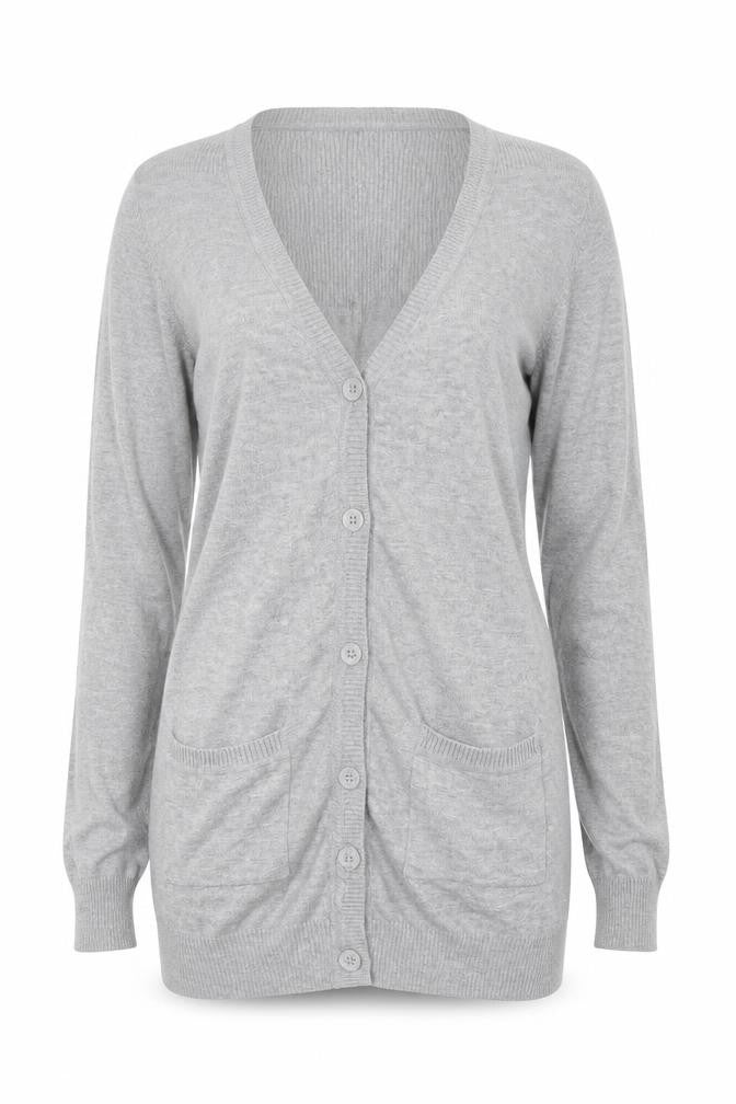 Front view of H&M women’s grey knit cardigan jumper, size S