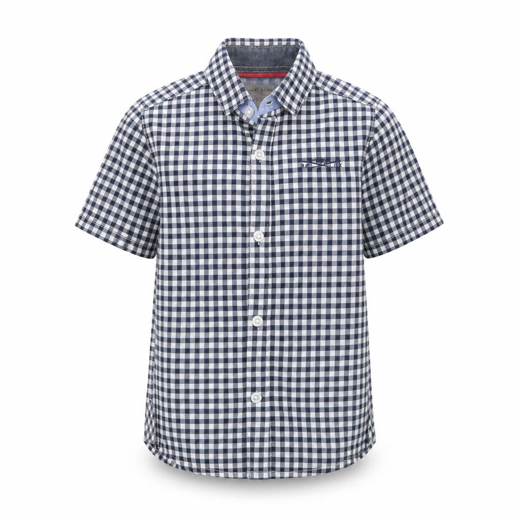 Front view of Next boys’ blue check kimono button-up, size 4, years