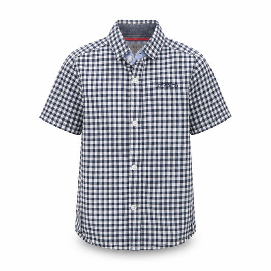 Front view of Next boys’ blue check kimono button-up, size 4, years