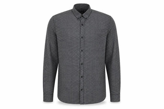 Front view of Cedarwood State men’s grey check button-up, size 14.5
