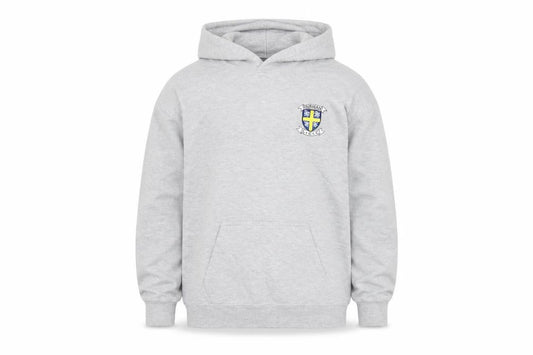 Front view of Just Hoods boys’ grey jersey pullover hoodie, size 12-13, years - durham