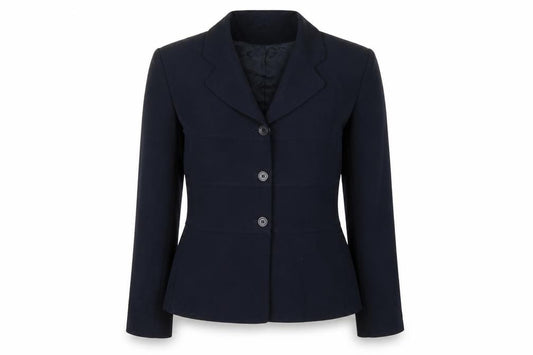 Front view of Equation women’s blue rayon jacket blazer, size UK 12