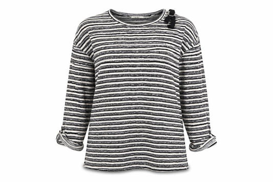 Front view of Papaya women’s grey striped jumper, size UK 12, - one cold shoulder