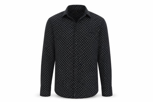 Front view of outrage men’s black argyle/diamond button-up, size M