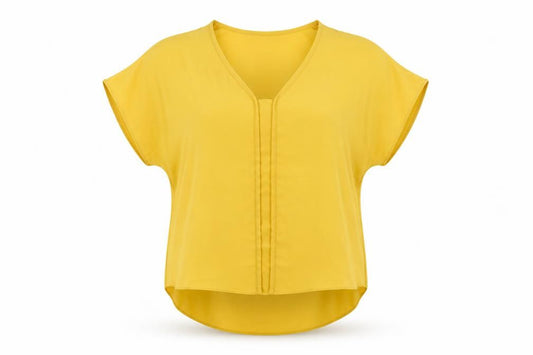 Front view of Atmosphere women’s yellow basic t-shirt, size UK 6, - cut out shoulder