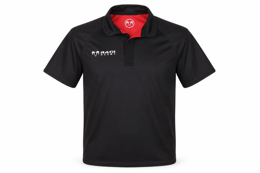 Front view of RAM men’s black striped polo, size S