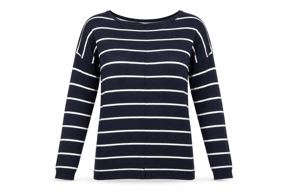 Front view of Atmosphere women’s blue striped jumper, size UK 8