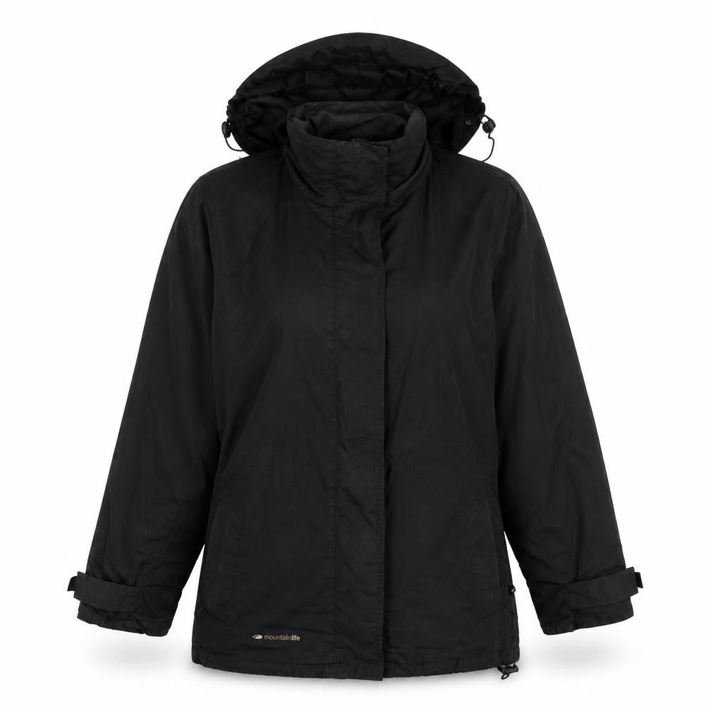 Front view of Mountain Life women’s black jacket, size UK 10