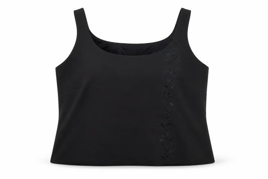 Front view of Condici women’s black floral cropped tank, size UK 16