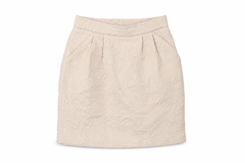 Front view of H&M women’s pink paisley a-line skirt, size UK 6