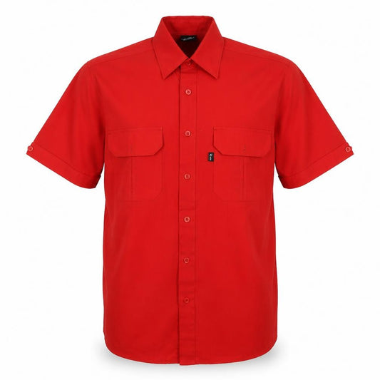 Front view of Nico men’s red button-up, size M