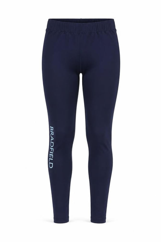 Front view of Playerlayer women’s blue compression leggings, size UK 8, 28-inch leg