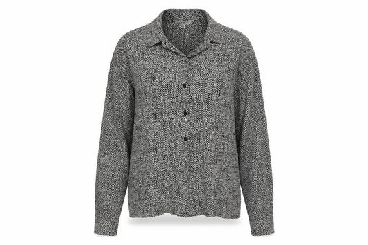 Front view of Next women’s black animal print woven basic button-up, size UK 14
