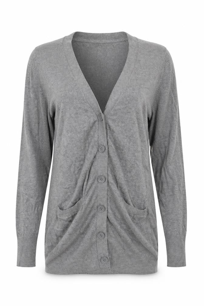 Front view of H&M women’s grey knit cardigan jumper, size S
