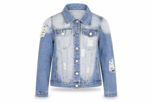 Front view of Boohoo women’s blue denim jacket, size UK 6