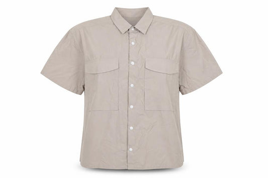 Front view of ASOS women’s grey basic button-up, size XS, - oversized