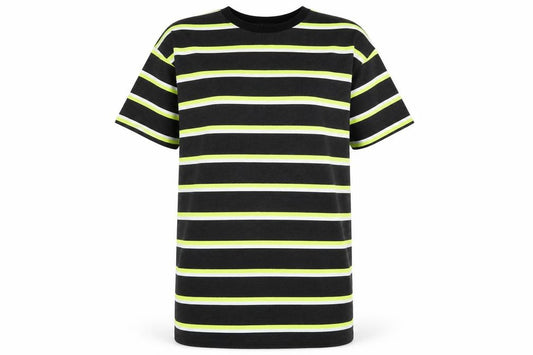 Front view of Lasula women’s grey striped t-shirt dress, size UK 10