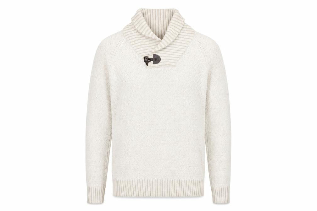 Front view of H&M men’s beige knit jumper, size S