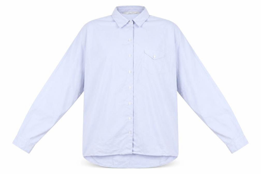 Front view of Leana Woman women’s blue basic button-up, size UK 12