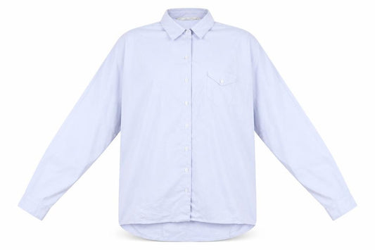 Front view of Leana Woman women’s blue basic button-up, size UK 12