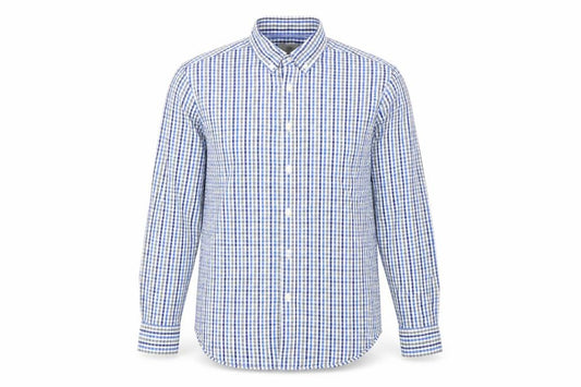 Front view of Marks & Spencer men’s blue check button-up, size S