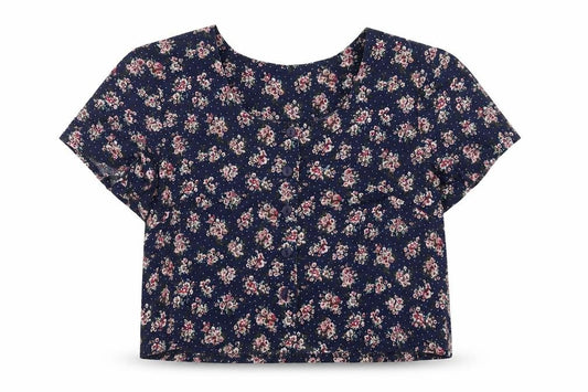 Front view of Nightingales women’s blue floral basic button-up, size UK 16
