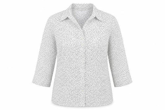 Front view of BHS women’s white polka dot basic button-up, size UK 10